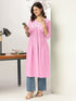 Janasya Women's Light Pink Pure Cotton Yoke Embroidered A-line Kurta